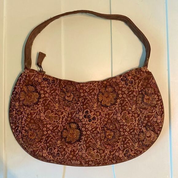 90s Y2K Vintage Brown Bohemian Embroidered Crescent Floral Handbag - Picture 8 of 8